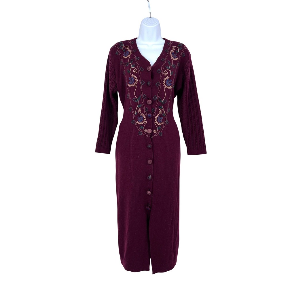Vintage 90s Button Down Embroidered Knit Dress Womens Medium‎ Carole Little